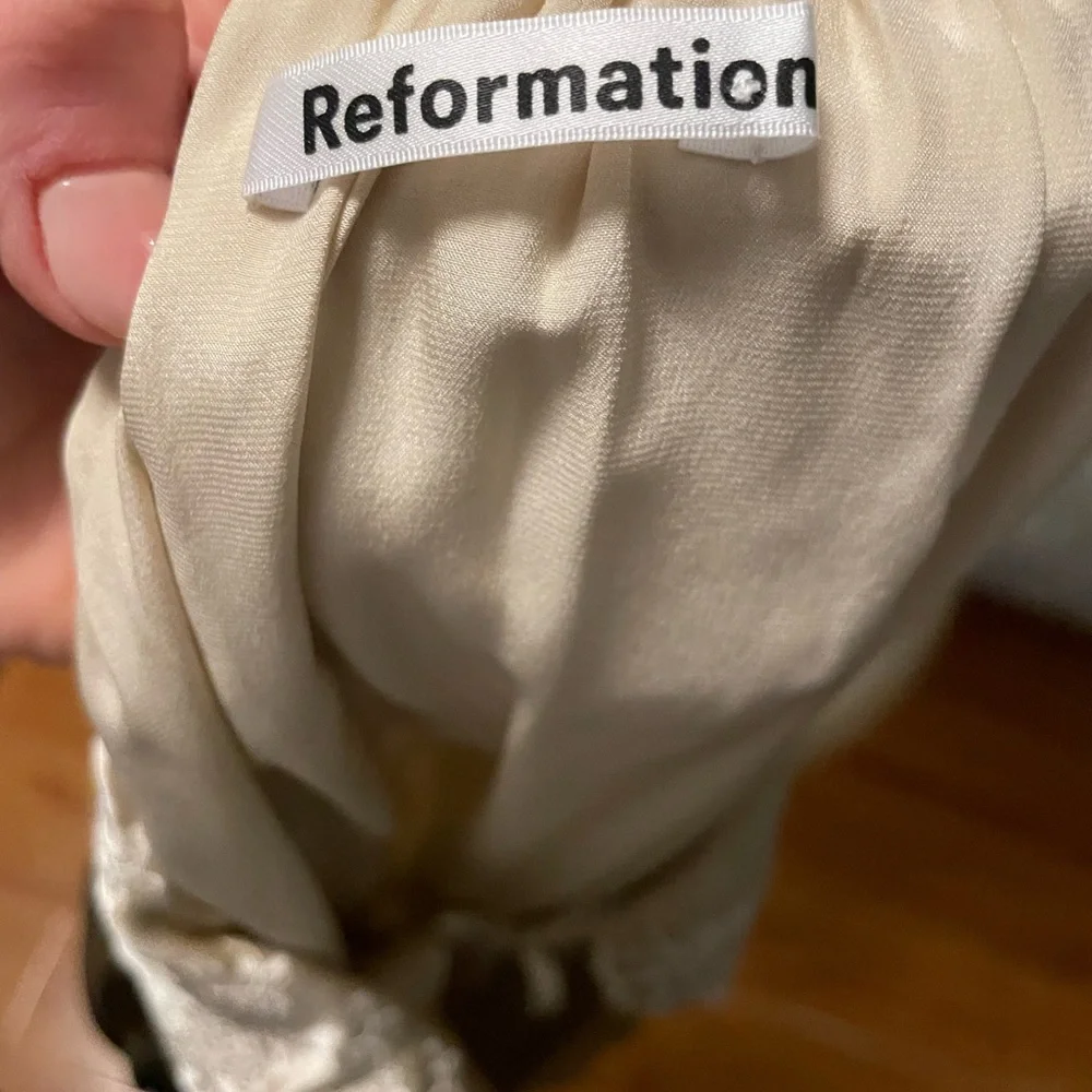 Reformation Cream Satin Lace-Trim Peasant Blouse